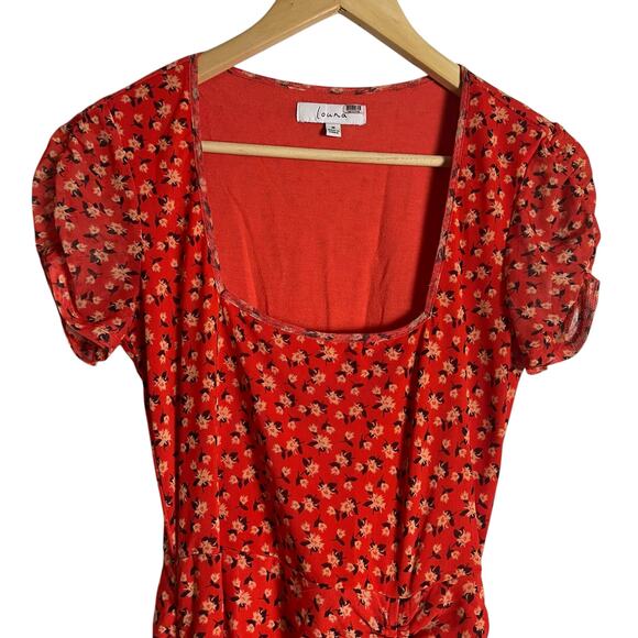 Louna Red Floral Print Mesh Ruched Short Sleeve Scoop Neck Mini Dress Size M - Picture 5 of 13